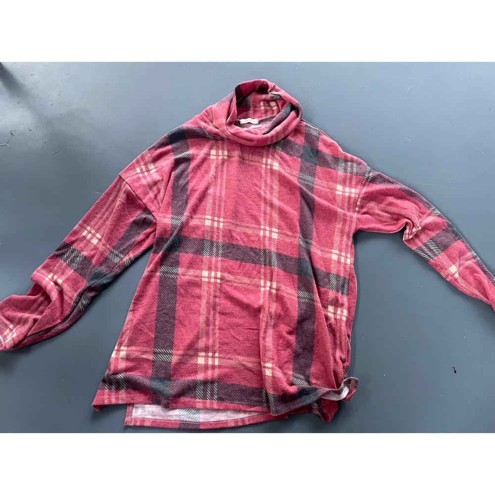 Corton Bleu Pink Red Plaid Cowl Neck Tunic Top Long Sleeve Soft Knit Size L